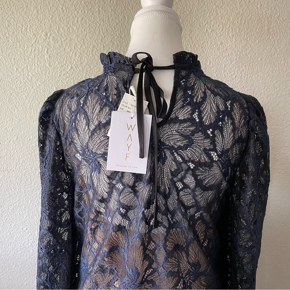 NWT WAYF Emma Puff Sleeve Lace Top Blouse Womens S Navy Floral Mock Neck Elegant - Picture 10 of 15
